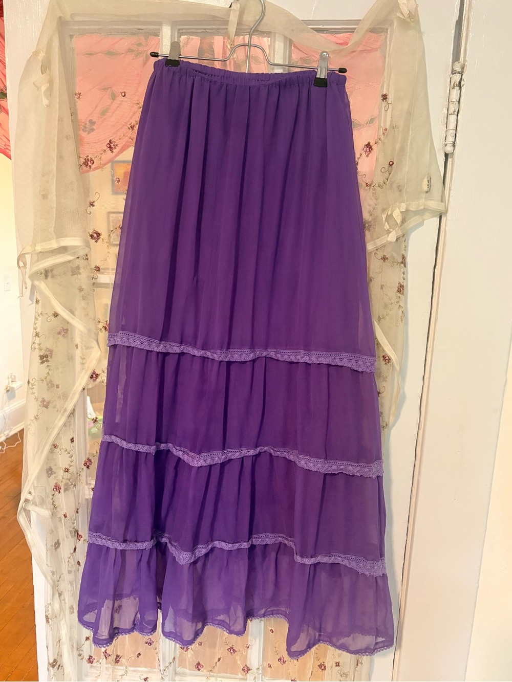 Women's Purple Tiered Maxi Skirt with Lace Trim